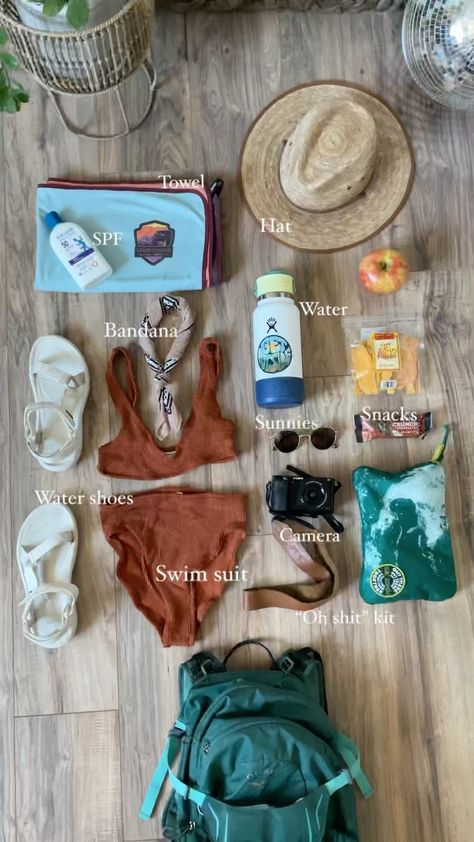 Camping Beach Ideas, Granola Swimsuit, Granola Girl Beach Outfit, River Trip Outfit, Back Packing Aesthetic, What To Pack For Arizona, Granola Girl Essentials, Arizona Packing List, Lake Day Essentials