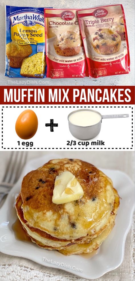 Muffin Mix Pancakes (Easy Breakfast Idea With Just 3 Ingredients!) Muffin Mix Hacks, Muffin Mix Pancakes, Breakfast Munchies, Unique Breakfast Ideas, Pancake Mix Muffins, Unique Breakfast, Lemon Banana, Making Pancakes, Mini Grill