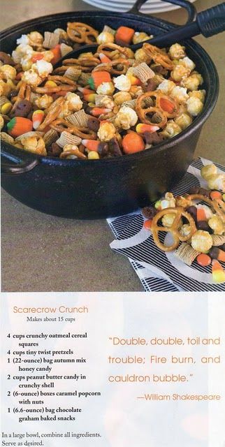 Scarecrow Snack Mix (good for parties or classroom!) Scarecrow Crunch, Bbq Dessert, Crunch Recipe, Masks Diy, Halloween Recipe, Crafts Halloween, Wallpaper Halloween, Aesthetic Halloween, Nails Halloween