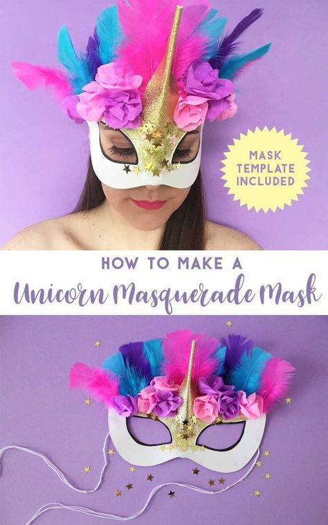 Masques de licorne pour Mardi gras – Sakarton Diy Masquerade Mask, Make A Unicorn, Masquerade Mask Diy, Diy Carnival, Unicorn Mask, Mascaras Halloween, Carnival Dress, Unicorn Printables, Unicorn Crafts