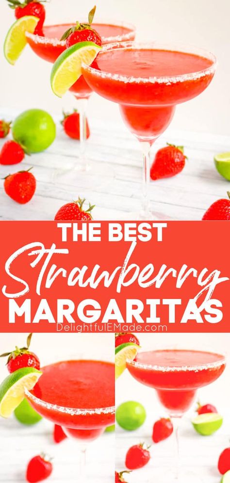 Frozen strawberry margarita recipe, in ups glasses, garnished with fresh strawberries and lime wedges. Easy Strawberry Margarita Recipe, Strawberry Lime Margarita Recipe, Easy Strawberry Margarita, Strawberry Lime Margarita, Frozen Strawberry Margarita Recipe, Cointreau Margarita, Lime Margarita Recipe, Frozen Strawberry Margarita, Strawberry Margarita Recipe