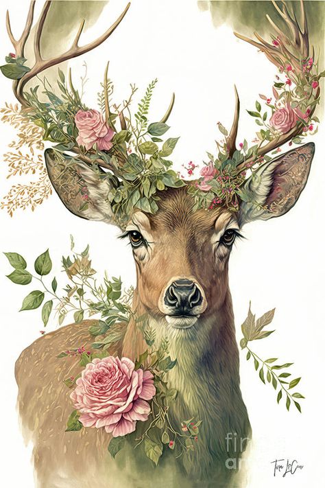 Spirit Animal Art, Deer Art, Desenho Tattoo, A Deer, Christmas Illustration, Animal Illustration, Animal Paintings, Animal Drawings, Pink Rose