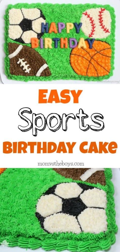 Easy Sports Cake for a Kids Birthday Party #sports #birthday #sportsbirthday #birthdaycake #kidsbirthdaycake #boysbirthdaycake #birthdaycakeforboys #sportscakeforboys #easysportscake Sports Bday Cake, Sports Themed Birthday Cakes For Boys, Sports Birthday Party Cake, Sports Birthday Cakes For Boys, Sports Theme Birthday Cake, Sports Cakes For Boys Birthdays, Sports Cake Ideas, Birthday Sports Theme, Sports Birthday Cake