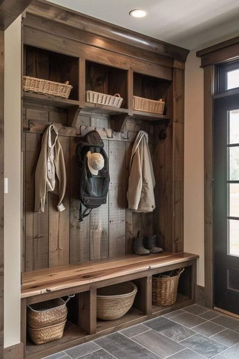 Cabin Entryway Ideas, Mud Room Hall Tree, Kitchen Entryway Ideas, Small Mudroom Ideas, Mudroom Remodel, Entryway Decor Ideas, Entry Closet, Log Home Interiors, Dream Laundry Room