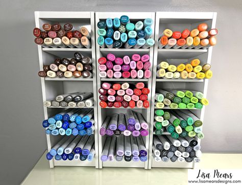 copic marker storage – Lisa Mears Designs Copic Marker Storage Ideas, Copic Marker Storage, Markers Storage, Ikea Kallax Shelving, Kallax Shelving Unit, Ranger Distress Ink, Marker Storage, Blending Tools, Cool School Supplies