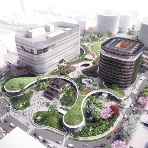 A view from above shows the canopy of a newly designed transportation hub in Taiwan. Floating City Architecture, Green Cities Concept, Urban Canopy Architecture, Tourist Center Architecture, Transport Terminal Architecture, Transport Hub, Kaohsiung, Futurism, Garden Canopy