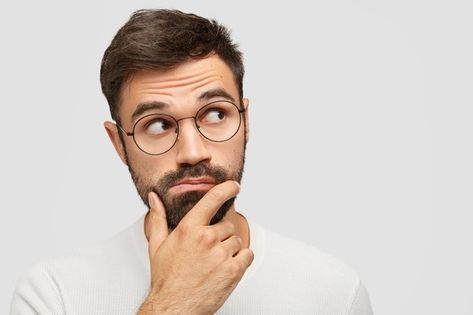 Thinking Pose, Man Looking Up, Handsome Bearded Men, Hair Transplant Procedure, Pointing Fingers, Thinking Man, Raised Eyebrow, Smiling Man, Stylish Haircuts