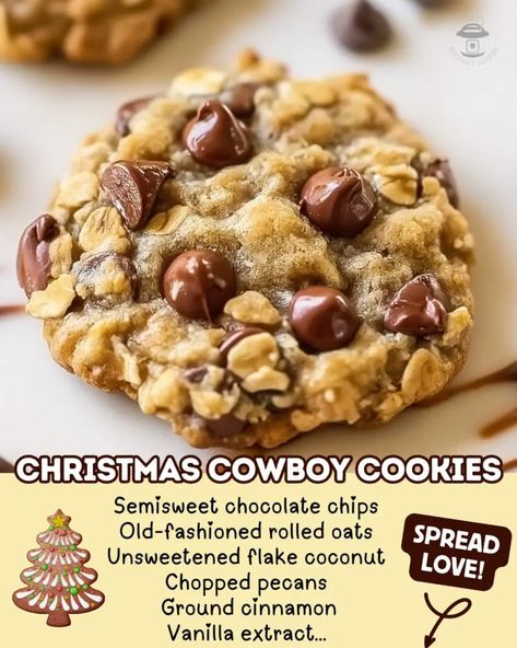 Cookie Receipts, Holiday Baking Ideas, Cowboy Cookies Recipe, Christmas Baking Easy, Cowboy Cookie Recipe, Oatmeal Coconut Cookies, Christmas Cowboy, Easy Family Recipes, Classic Cookies Recipes