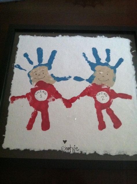 Phie made Thing 1 and Thing 2 holding hands as a baby shower present for her soon to be twin cousins. Holding Hands Art, Nicu Crafts, Twin Art, Print Crafts, Thing 1 And Thing 2, Baby Keepsakes, Twin Shower, Hands Art, Present For Her