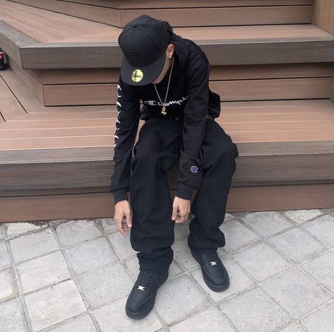 Black Air Force 1 Outfit, Fotos Y2k, Black Air Force 1, Air Force 1 Outfit, Black Outfit Men, Swag Outfits Men, Fire Fits, Black Streetwear, Streetwear Men Outfits