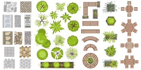 Landscape Design Top View, Outdoor Wooden Furniture, Trees Top View, Landscape Architecture Plan, Wooden Outdoor Furniture, Landscape Design Drawings, Tree Plan, Architecture Design Sketch, Landscape Elements