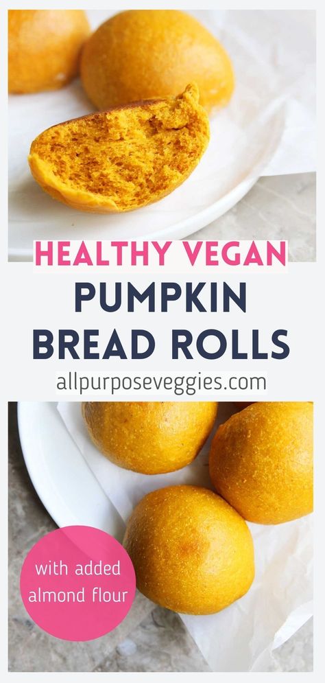 These yeasted pumpkin bread rolls are the best dinner rolls ever! The pumpkin puree and the added almond flour pair really well and give these soft dinner rolls almost a buttery smooth flavor that most vegan dinner rolls don’t have. It's also really easy to make, especially if you have a stand mixer or a bread machine. Almond flour also means that these pumpkin rolls are nutritionally dense and also very filling. #pumpkinrolls #dinnerrolls #healthybread #pumpkinbread #breadrolls #easybread Sweet Potato Yeast Bread Recipe, Potato Yeast Bread, Pumpkin Bread Rolls Recipe, Healthy Sandwich Bread, Vegan Bread Machine Recipes, Vegan Sandwich Bread, Pumpkin Bread Rolls, Potato Yeast, Pumpkin Sandwich