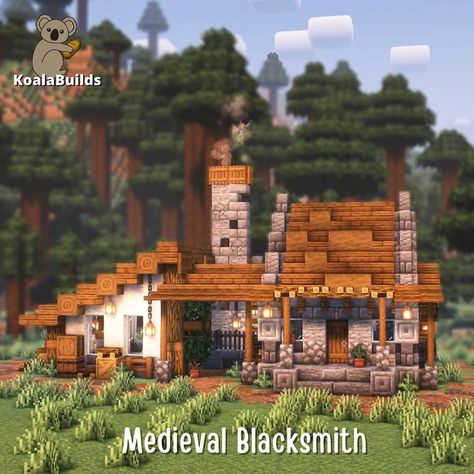 Smeltery Minecraft Design, Minecraft Villager Trader House, Minecraft Awning, Minecraft Shack, Forge Minecraft, Minecraft Tavern, Minecraft 2023, Medieval Blacksmith, Minecraft Medieval House