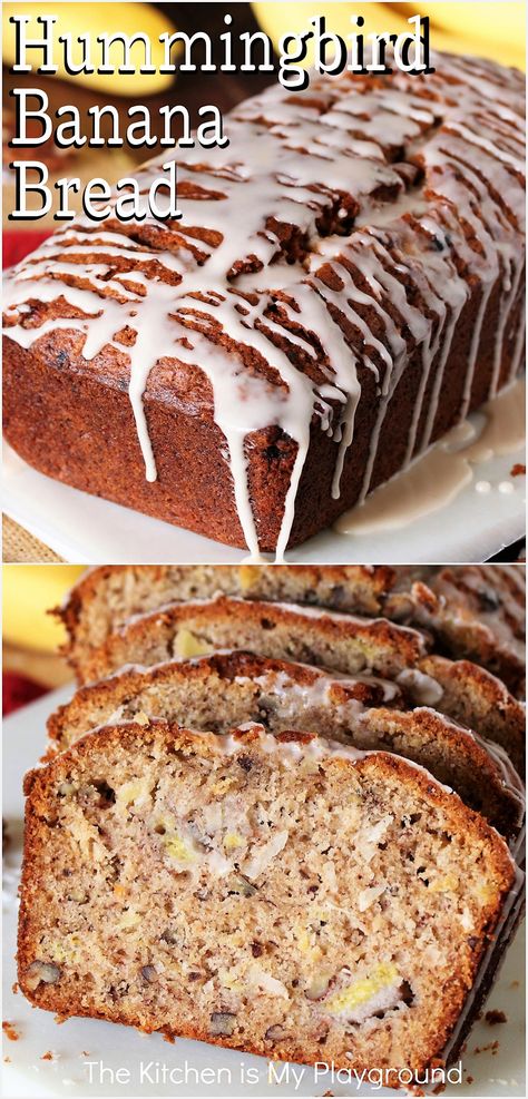 Hummingbird Banana Bread drizzled with Vanilla Glaze Hummingbird Bread Recipe Southern Living, Tropical Fruit Bread, Banana And Pecan Loaf, Humming Bird Bread Recipe, Banana And Pineapple Cake, Banana Bread Pineapple Recipe, Banana Bread Recipe Pecans, Banana Bread Recipe Variations, Banana And Pineapple Recipes