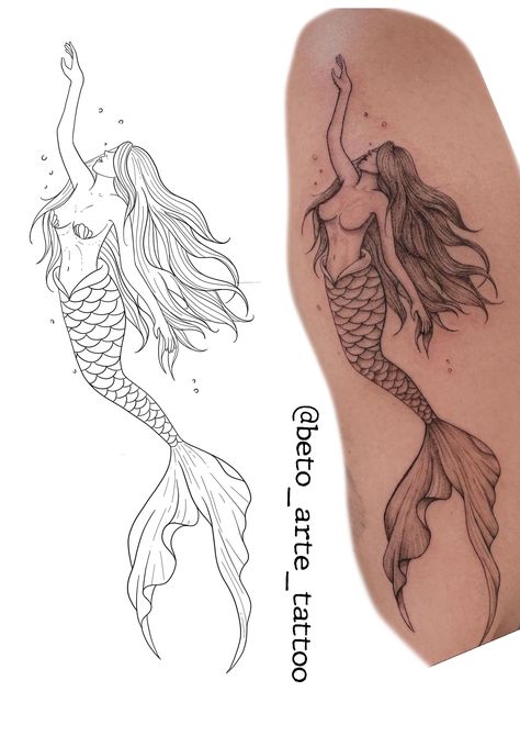 Mermaid Tattoo Placement, Mermaid Tattoo Men, Swimming Mermaid Tattoo, Mermaid Tattoo Designs Sirens, Mermaid And Moon Tattoo, Mermaid Tattoo Minimalist, Sea Witch Tattoo, Mermaid And Fairy Tattoo, Foot Arch Tattoo