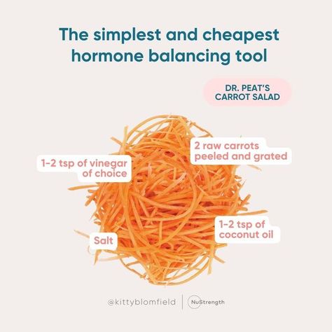 Kitty Blomfield on Instagram: "The simplest and cheapest hormone balancing tool 💛 Lots of new followers so thought I'd talk a little bit more about this amazing little salad! I reckon I've eaten this salad every day nearly for the last 9 years 🤣 thanks to my business partner @thenutritioncoach who introduced me to the work of Dr Ray Peat all those years ago. Dr Ray Peat Ph.D is a biologist who did a lot of research into hormones and anti-ageing. He appeared to discover a link between estrogen, serotonin, and his migraine occurrences, observing that the fiber in raw carrots bonded with estrogen and efficiently removed it from the body. A medium sized raw carrot, or its equivalent, eaten daily can lower anti-thyroid and inflammatory substances, reduces liver burden, assists the GI trac Carrots For Hormone Balance, Ray Peat Diet, Raw Carrot Salad For Hormones, Kitty Blomfield, Prometabolic Eating, Dr Ray Peat, Raw Carrot Salad, Lunch Plan, Food Healing