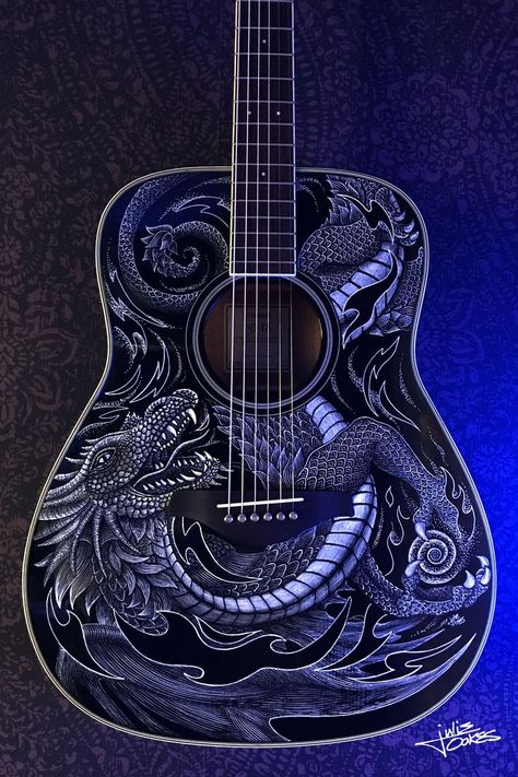 Custom painted guitar with dragon tribal flame design Guitar Art Painting, Acoustic Guitar Art, Painted Ukulele, Electric Guitar Art, Painted Guitar, Custom Acoustic Guitars, Custom Bass Guitar, Guitar Artwork, Ukulele Art