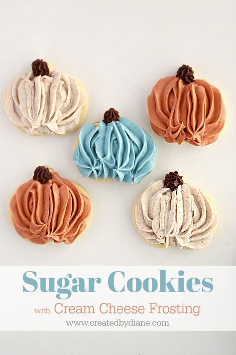 frosting piped onto sugar cookies that look like Blue Pumpkins, White Pumpkins and Orange Pumpkins great for Halloween and Thanksgiving www.createdbydiane.com Frosting Pumpkins, Pumpkin Spice Sugar Cookies, Spice Sugar Cookies, Frosted Sugar Cookies, Cinnamon Sugar Cookies, Piping Frosting, Pumpkin Sugar Cookies, Frosting Colors, Chewy Sugar Cookies