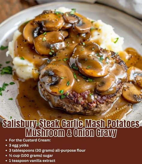 Salisbury Steak Garlic Mash Potatoes Mushroom & Onion Gravy - You'll Love it! - Recipecs Burger And Gravy Recipes, Salisbury Steak Garlic Mashed Potatoes, Salsbury Steak Recipe Mushroom Gravy, Mushroom Gravy For Steak, Salisbury Steak Recipe Easy, Salisbury Steak With Mashed Potatoes And Mushroom Gravy, Salisbury Steak Garlic Mashed Potatoes Mushroom And Onion Gravy, Steak And Mash Potatoes, Salisbury Steak No Mushrooms