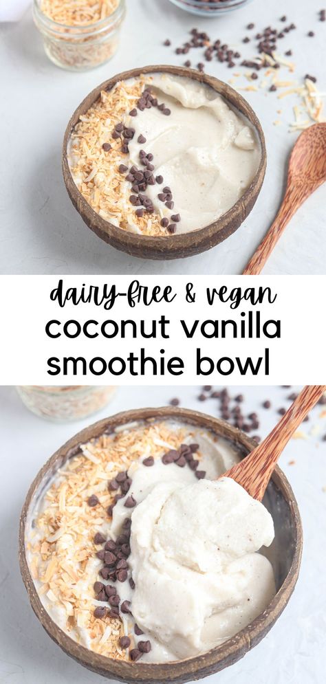 coconut smoothie bowl in a coconut bowl topped with mini chocolate chips and toasted coconut. Coconut Bowl Recipe, Healthy Dessert Bowls, Healthy Breakfast No Dairy, Everbowl Coco Love Recipe, Fruit Bowls Recipe, Smoothie Bowls Without Banana, Smoothie Bowl For Kids, No Banana Smoothie Bowl, Açaí Bowl Recipe