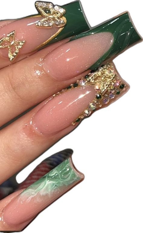 Cute Green And Gold Nails, Forest Green Nails Coffin, Simple Green Acrylic Nails, Gold And Dark Green Nails, Jade French Tip Nails, Green Nails And Gold, Green And Silver Nails Acrylic, Dark Green Nails Aesthetic, Green And Gold Nails Ideas