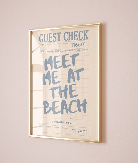 Meet Me at the Beach Guest Check Print Trendy Coastal Wall Art Blue Typography Poster Beach House Decor Ocean Wall Art Girly Aesthetic Decor - Etsy Beachy Aesthetic Home Decor, Beach Themed Posters, Fun Beach House Decor, Coastal Grandma Wall Decor, Coastal Prints Home Decor, Beachy Prints Wall Art, Coastal Wall Prints, Costal Apartments Aesthetic, Coastal Granddaughter Bedroom Wall Decor