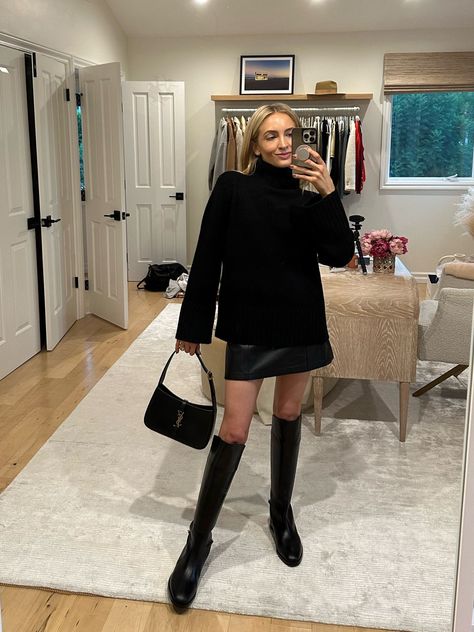 Repeating this chic all black look all season 🖤 I styled this black cashmere turtleneck sweater loose over a leather mini skirt + tall riding boots! Use code SE15 for the sweater and anything else Jenni Kayne. Tap to shop and bring this fashion inspo to life! Tall Boots Outfit Fall Styles, Black Boots Outfit Winter, Black Riding Boots Outfit, Skirt Boots Outfit, Mini Skirt Fall Outfit, Tall Black Boots Outfit, Leather Mini Skirt Outfit, Black Turtleneck Outfit, Tall Boots Outfit