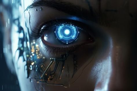 Cyberpunk Eye Implant, Robot Eyes Cyborgs, Bionic Aesthetic, Robot Aesthetic Blue, Robot Eye Aesthetic, Cyborgs Aesthetic, Futuristic Aesthetic Technology, Blue Futuristic Aesthetic, Cybernetics Aesthetic