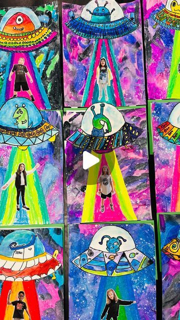 Keisha L. Casiano on Instagram: "OH NO! Third grade has been abducted by aliens!!! Check out these UFO! 🛸🤩

#arteducation #artteacher #elementaryartteacher  #education  #teachersofinstagram #weareteacher" Alien Arts And Crafts, Outer Space Art For Kids, Space Lesson Plans Elementary, Alien Art For Kids, Alien Art Project, Alien Crafts For Kids, Third Grade Art Projects, Space Art Projects For Kids, Alien Abduction Art