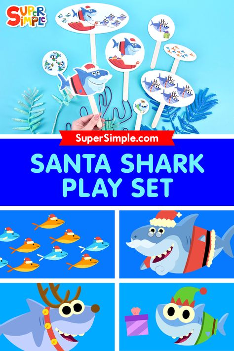 Act out the Santa Shark video with this fun Play Set. Great for practicing the different characters and vocabulary building. Shark Video, Shark Craft, Simple Songs, Classroom Songs, Super Simple Songs, Felt Board Stories, Kid Friendly Crafts, Christmas Program, Learning English For Kids