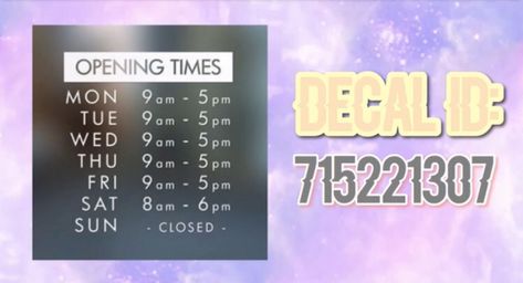 Bloxburg Restaurant Sign Decals, Bloxburg Cafe Hours Decals Codes, Daycare Ideas Bloxburg, Bloxburg Town Name Decals, Bloxburg Cafe Layout, Bloxburg Town Decals, Daycare Layout, Parking Lot Sign, Daycare Logo