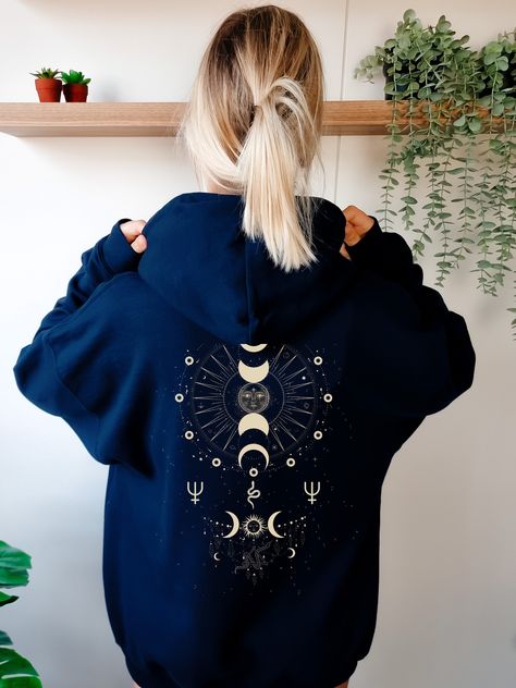 Celestial T Shirt, Celestial Hoodie, Astrology Sweatshirt, Moon Stars, Celestial Moon Print Crew Neck T-shirt, Cheap Witchy T-shirt With Graphic Print, Moon Phases, Hoodie Design, Piece Of Clothing