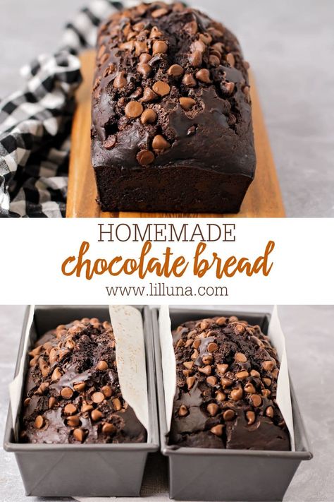 Decadent Chocolate Bread is studded with chocolate chips, and preps in 10 minutes! It's moist and delicious. #chocolatebread #chocolate #bread #quickbread Chocolate Bread Recipe, Chocolate Chip Bread, Chocolate Bread, Bread Recipes Sweet, Peanut Butter Chips, Semi Sweet Chocolate Chips, Dessert Bread, Decadent Chocolate, Bread Recipes Homemade