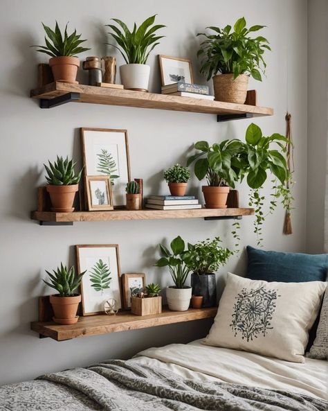 Floating Shelves Plants Bedroom, Living Wall Bedroom, Plants Over Bed, Earthy Bedrooms, Boho Inspired Bedroom, Plant Rooms, Boho Shelf Decor, Bedroom Wall Decor Ideas, Home Library Rooms