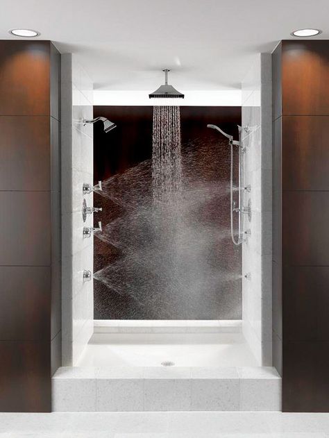 Multiple shower heads. I can't imagine ever paying to do this...but if my next home came with it, I wouldn't complain. Modern Shower Design, Amazing Showers, Dream Shower, Unique Shower, Luxury Shower, Decor Baie, Versace Home, Custom Shower, Modern Shower