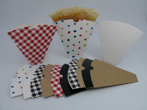 We delighted to launch a new designed of crepe holders for this summer, sweet crepe is a popular on the high street today.  Our crepe cones made from paper food grade.  We have stock 6 styles of crepe holder such as brown kraft, black and white inner, printing gingham in black and red and colour dots and also including a plain white They can be custom printed for premium presentation of your brand. (Minimum orders apply)  Our crepe cones are trend for 2019, don’t miss out buy now! Crepe Cone Packaging, Crepes Presentation Ideas, Crepe Packaging, Crepe Cone, Fresh Produce Packaging, Crepe Sale, Crepe Cafe, Crepe Bar, Crepe Design