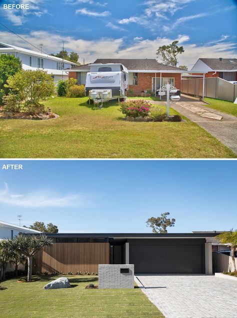 1970 House Remodel, Clinker Brick House, 70s House Exterior, House Exterior Before And After, Brick House Exterior Makeover, Fabric Architecture, Modern Brick House, House Brick, Clinker Brick