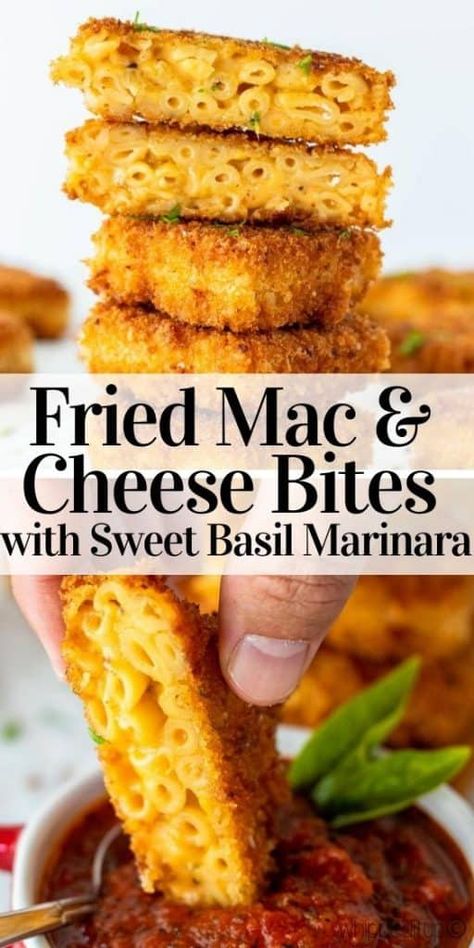 Fried Mac And Cheese Bites, Mac Cheese Bites, Fried Mac And Cheese, Mac And Cheese Bites, Cheese Bites, Sweet Basil, Snack Box, Easy Baking Recipes, Marinara