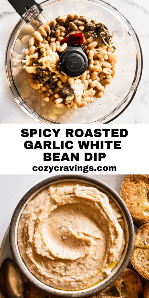 This spicy roasted garlic white bean dip combines bold roasted garlic, buttery cannellini beans, and spicy Calabrian chili peppers for a smooth, bright, delicious dip with a kick. Perfect with any kind of dipper - crackers, bread, veggies, and so on. Chili Dip Recipes, Cannellini Bean Dip, Recipes Dips, Cravings Recipes, Cannellini Bean, Chili Dip, White Bean Dip, Calabrian Chili, Creative Apps