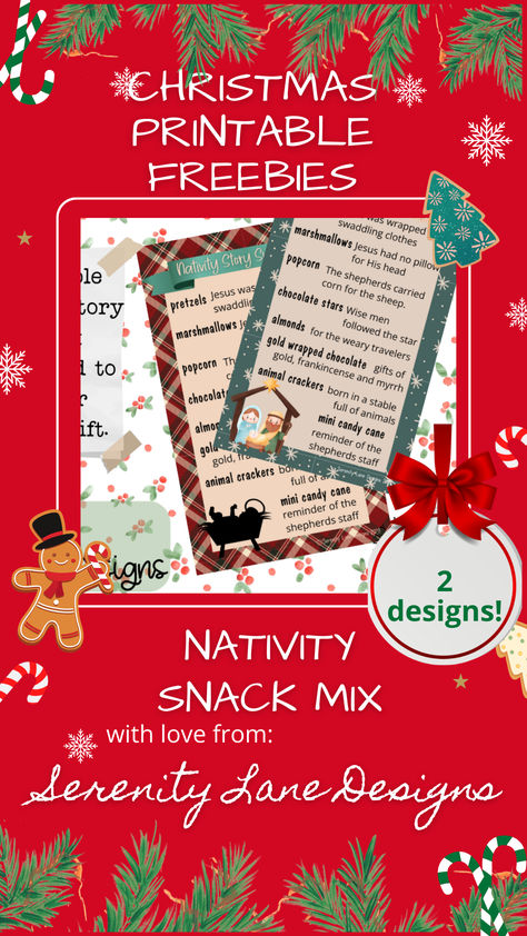 enjoy some christmas freebies from serenity lane designs this season --- keep watching for more. next up -- a Nativity Snack mix printable card. Add the items to a mason jar or baggie - a perfect gift Chex Mix Tags Free Printable, Nativity Snack Mix For Kids, Nativity Story Trail Mix Recipe, Christmas Story Snack Mix Printable, Nativity Snack, Christmas Snack Mix, Christmas Freebie, Trail Mix Recipes, Mini Candy Canes