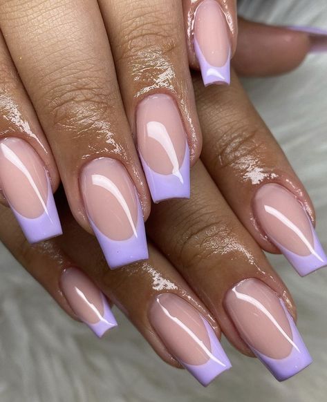 Purple french nails Purple French Tip Acrylics, Purple Nails Acrylic French Tips, Purple Nails For Hoco, Purple And Lilac Nails, Cute Nails Acrylic Short French Tip, Light Lavender Nails With Design, Purple Nail Designs French Tips, Short Purple Nail Ideas Acrylic, French Nails Lavender