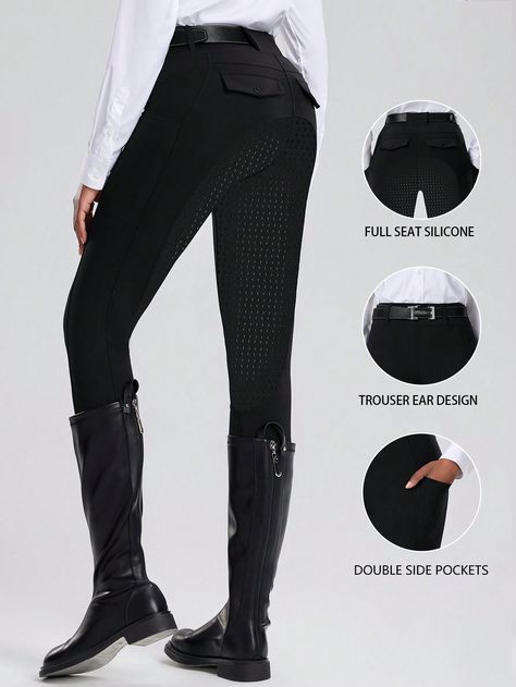 Women's Equestrian Pants, Full Seat Silicone Anti-Slip Wear-Resistant, Women Riding Tights With Pockets, Suitable For Horse Riding Sports, Quick Dry Black   Sleeveless Knitted Fabric   High Stretch  Women Activewear, size features are:Bust: ,Length: ,Sleeve Length: Equestrian Pants, Women's Equestrian, Riding Tights, Breast Tape Lift, Drawstring Waist Shorts, Equestrian Riding, Riding Pants, Casual Stripes, Horseback Riding