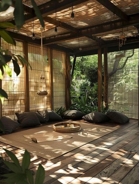 Yoga Outside Space, Ideas For Outdoor Living Space, Outdoor Studio Space, Healing Center Design Spaces, Garden Yoga Space, Garden Yoga Studio, At Home Yoga Studio, Outdoor Yoga Space Backyards, Backyard Yoga Space