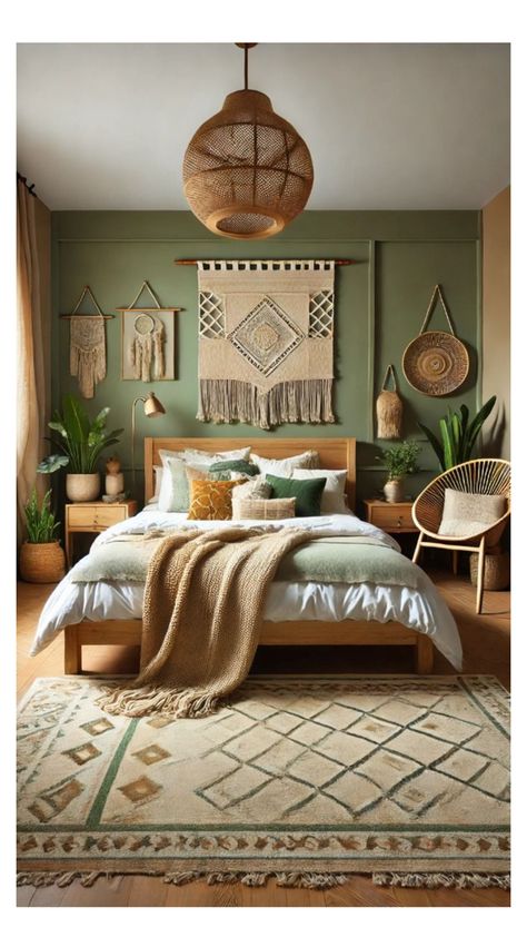 Bedroom Decor Mustard, Sage Green And Orange Bedroom, Sage Green Bedroom Decor Ideas, Sage Bedrooms, Sage Green And Terracotta Bedroom, Sage Green Boho Bedroom, Wooden Nightstands, Burnt Orange Bedroom, Sage Green Bedroom Ideas