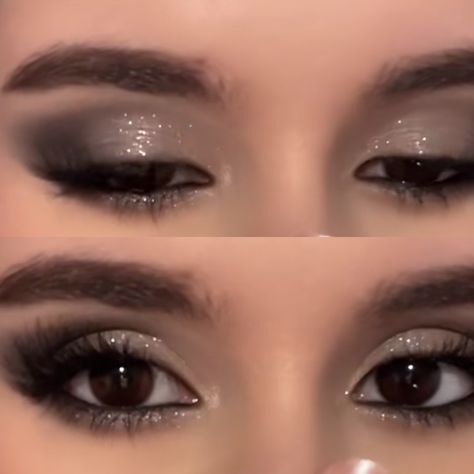 Makeup Ideas For A School Dance, Fancy Black Makeup, Starry Night Prom Makeup Look, Smokey Glam Makeup Looks, Smokey Makeup For Blue Eyes, Smokey Eye For Black Dress, Makeup Looks For A White Dress, Sliver Eyeshadow Prom, Black Glitter Smokey Eye Makeup