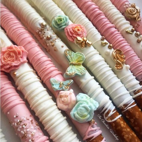 Alice In Wonderland Chocolate Covered Pretzels, Butterfly Chocolate Covered Pretzels, Pastel Chocolate Covered Pretzels, Tea Party Treats Sweets, Whimsical Treats, Fairytale Baby Shower, Chocolate Pretzel Rods, Dipped Treats, Holiday Dips