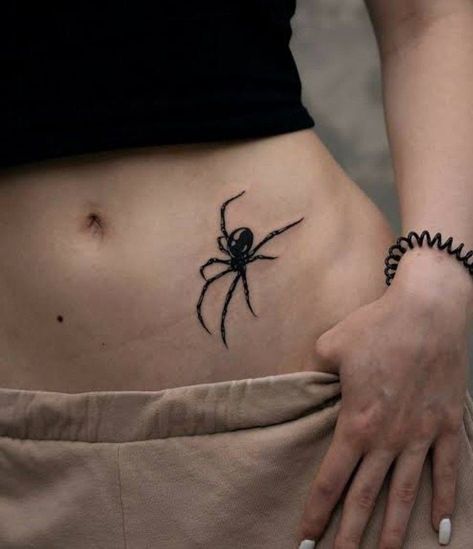 Under Navel Tattoo, Spider Tattoo On Thigh, Lower Side Stomach Tattoos Women, Spider Rib Tattoo, Stomach Tattoo Ideas Female, Tattoo Sur Les Cotes, Lower Ab Tattoo, Spider Tattoo Shoulder, Side Torso Tattoos For Women