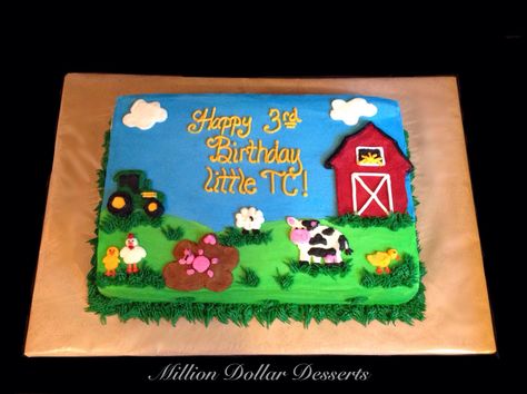 Farm Sheet Cake ~Buttercream~ Million Dollar Desserts Farm Birthday Cakes, Kids Birthday Cakes, Barnyard Birthday Party, Western Birthday Party, Farm Theme Birthday, Birthday Sheet Cakes, 1st Birthday Party For Girls, Farm Themed Birthday Party, Farm Animals Birthday Party