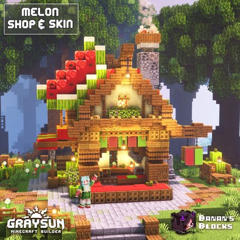 A melon shop design built on minecraft Minecraft Watermelon House, Minecraft Fruit Build, Fruit Minecraft House, Minecraft Tea Shop, Honey Shop Minecraft, Minecraft Shop Build, Fruit House Minecraft, Minecraft Food House, Minecraft Fruit House