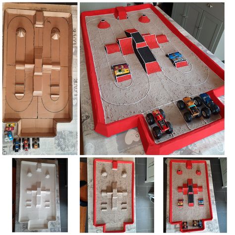 Monster Truck Course Diy, Monster Truck Table Diy, Monster Jam Track Diy, Cardboard Race Track, Diy Monster Truck Track, Monster Truck Play Ideas, Monster Truck Tracks Diy, Cardboard Monster Truck Track, Monster Truck Sand Pit Diy